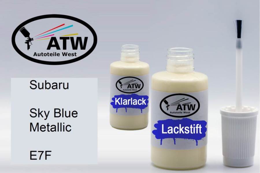 Subaru, Sky Blue Metallic, E7F: 20ml Lackstift + 20ml Klarlack - Set, von ATW Autoteile West.